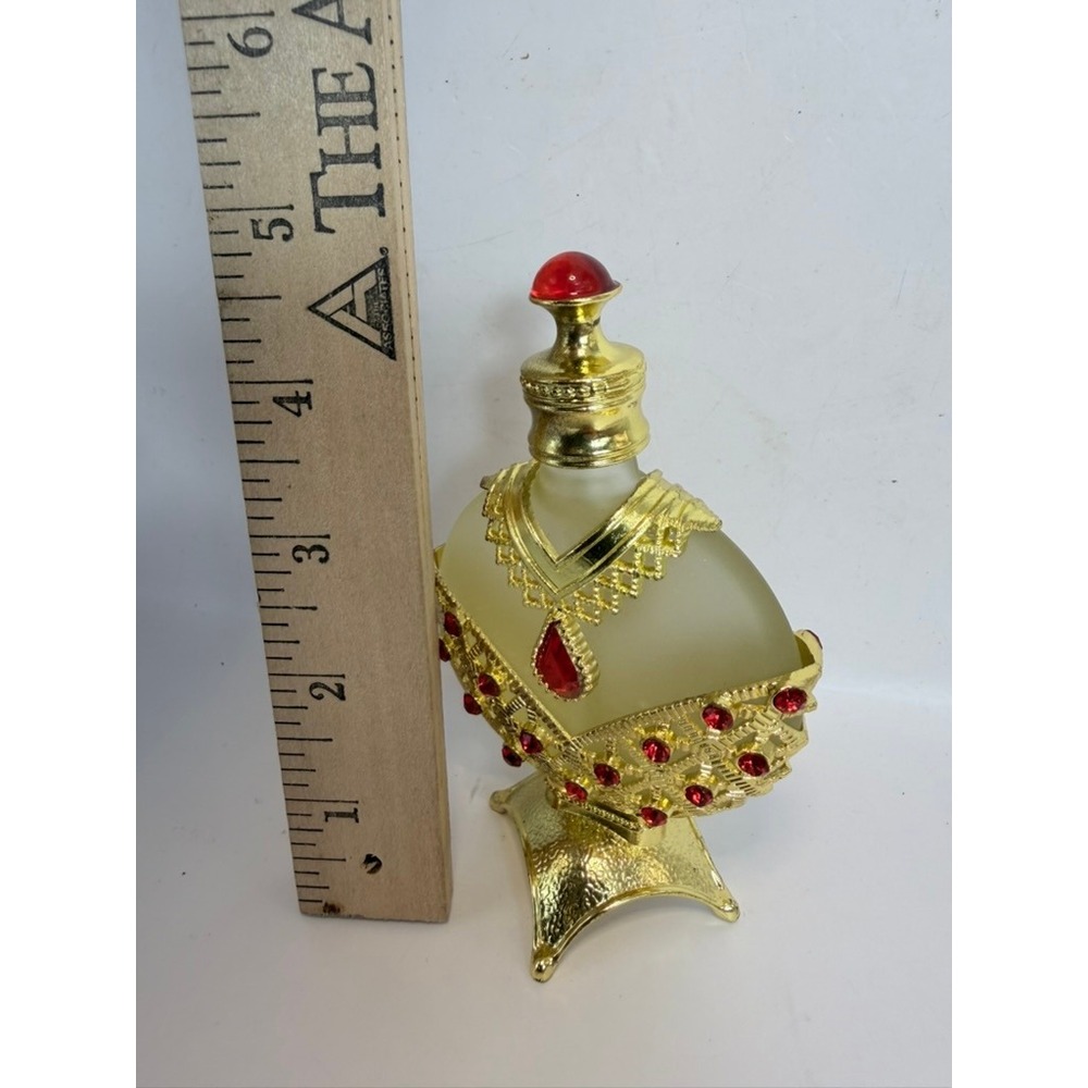 Vintage Style Gold Filigree Perfume Bottle Frosted Glass Red Rhinestones 5.25" - Picture 5 of 5